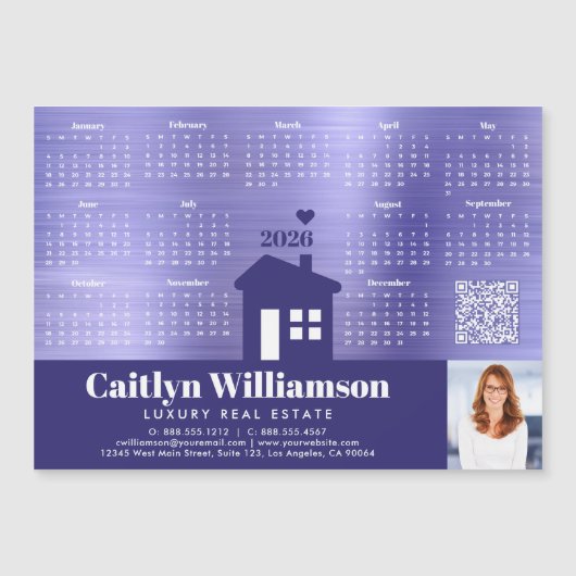 Paarse 2026 Kalender Realtor Foto QR Code Magnet (Voorkant)