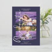 Paarse 2 foto's Prachtige kalligrafie Afstuderen Kaart (Staand voorkant)