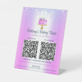 Paarse 2 QR code Betaal hier Cake Bakkerij Glitter Reclamebord Met Voetstuk (Voorkant)