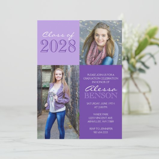 Paarse 2 Toned Classic 2 Foto Afstuderen Kaart (Staand voorkant)