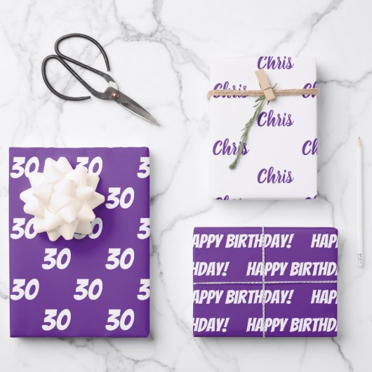 Paarse 30e Happy Birthday Custom Name Inpakpapier Vel (Voorkant)
