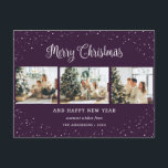 Paarse 3 foto collage sneeuwminimalist feestdagenkaart<br><div class="desc">Modern paarse fotovakantie briefkaart met een fotocollage en vallende sneeuwval aan de voorkant en een waterverf winterscène aan de achterkant. Personaliseer dit vakantie-briefkaart eenvoudig met uw foto's en tekst. De achtergrond kan worden gewijzigd in elke kleur.</div>