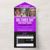 Paarse 3 foto's 30e grote drie oh Verjaardagsfeest All In One Uitnodiging (Binnen)