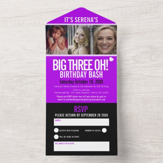 Paarse 3 foto's 30e grote drie oh Verjaardagsfeest All In One Uitnodiging (Binnen)