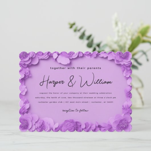 Paarse 3D Papercut Bloemen Bruiloft uitnodiging (Staand voorkant)