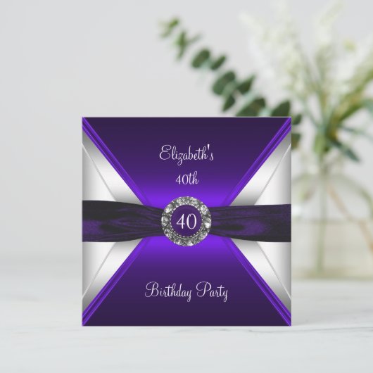 Paarse 40e verjaardag Diamond White Silver Party Kaart (Staand voorkant)