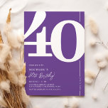 Paarse 40e verjaardag uitnodigingen<br><div class="desc">Introductie van een trendy paarse en witte 40e verjaardagsfeestuitnodiging die naadloos de ouderwetse charme van het gedurfde Serif-lettertype '40' combineert met een moderne,  gebruiksvriendelijke personaliseerbare sjabloon. Deze uitnodiging is niet alleen een kaart,  het is een zinvolle aandenken om de mijlpaal van 40 te koesteren.</div>