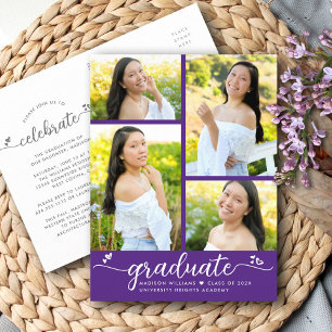 Paarse 4 Foto Afstuderen Modern Script Hearts Uitnodiging Briefkaart