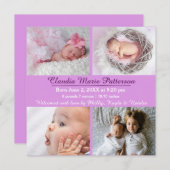 Paarse 4 foto's - Geboorteaankondiging Aankondiging (Voorkant / Achterkant)