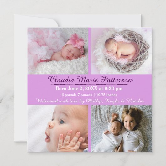 Paarse 4 foto's - Geboorteaankondiging Aankondiging (Voorkant)