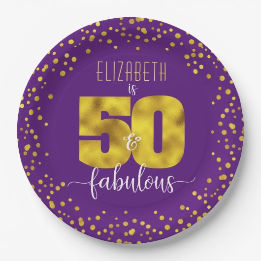Paarse 50 en fabelachtig verjaardagsgoud folie con papieren bordje (Voorkant)