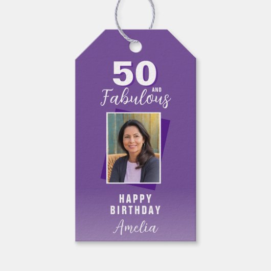 Paarse 50 en Fabulous 50th Birthday Foto Cadeaulabel (Voorkant)