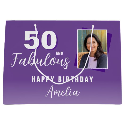 Paarse 50 en Fabulous 50th Birthday Foto Groot Cadeauzakje (Voorkant)