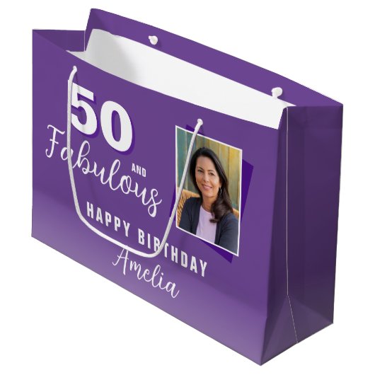 Paarse 50 en Fabulous 50th Birthday Foto Groot Cadeauzakje (Voorkant Gekanteld)