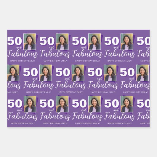 Paarse 50 en Fabulous 50th Birthday Foto Inpakpapier Vel (Voorkant)