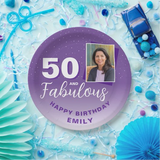 Paarse 50 en Fabulous 50th Birthday Foto Papieren Bordje (Feest)