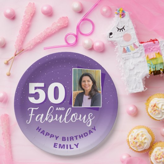 Paarse 50 en Fabulous 50th Birthday Foto Papieren Bordje (Feest)