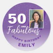 Paarse 50 en Fabulous 50th Birthday Foto Ronde Sticker (Voorkant)