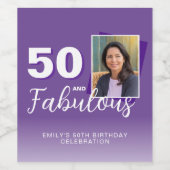 Paarse 50 en Fabulous 50th Birthday Foto Wijn Etiket (Enkel label)