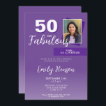 Paarse 50 en Fabulous 50th Birthday Party Foto Kaart<br><div class="desc">Paarse 50 en Fabulous Surprise 50e verjaardagsfeestje Fotouitnodiging. Een aangepaste foto,  inspirerend en grappige quote 50 en fantastisch. De achtergrond is levendig paars en de tekst is in witte kleur. Het is een geweldige verjaardagsuitnodiging voor het verjaardagsfeestje van een vrouw.</div>