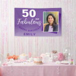 Paarse 50 en Fabulous 50th Birthday Party Foto Spandoek<br><div class="desc">Paarse 50 en Fabulous 50th Verjaardagsfeestje Foto Achtergrond Banner. Geweldige banner voor het 50ste verjaardagsfeest met een aangepaste foto, inspirerend en grappige quote 50 en fantastisch. De achtergrond is levendig paars en de tekst is in witte kleur. Personaliseer het bord met je foto, jouw naam en het leeftijdsnummer, en maak...</div>