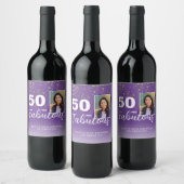 Paarse 50 en Fabulous Glitter 50e Verjaardag Foto Wijn Etiket (Flessen)