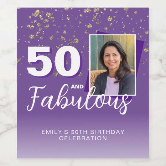 Paarse 50 en Fabulous Glitter 50e Verjaardag Foto Wijn Etiket (Enkel label)
