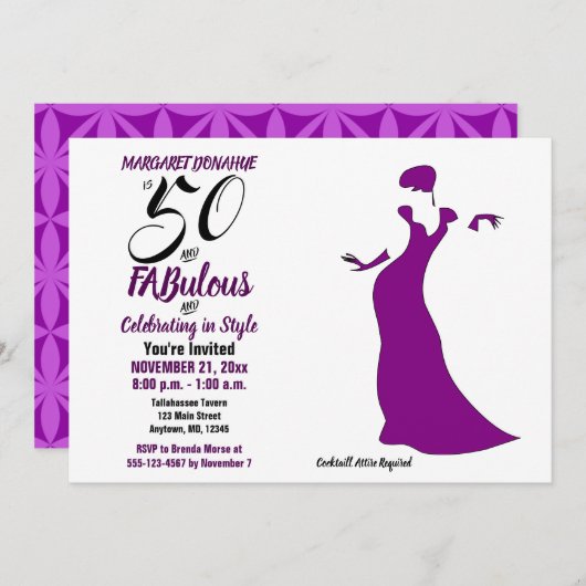 Paarse 50 en FABulous Verjaardagsfeestuitnodiging Kaart (Voorkant / Achterkant)