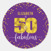 Paarse 50 en fantastische verjaardag gouden glitte ronde sticker (Voorkant)