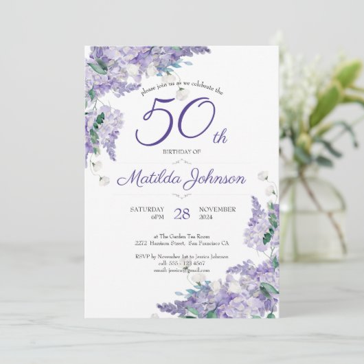 Paarse 50e verjaardag Floral Wisteria Waterverf Kaart (Staand voorkant)