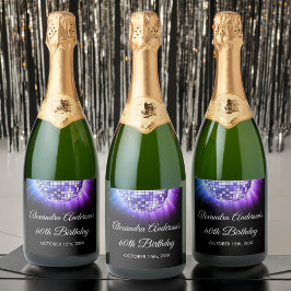 Paarse 60ste Verjaardagsfeestje 70's Disco Ball Sparkling Wijnetiket