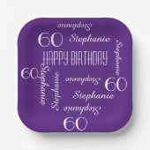 Paarse, 60ste Verjaardagsfeestje Herhalende Naam V Papieren Bordje (Voorkant)