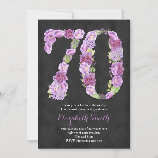 paarse 70e verjaardag Uitnodigingen voor dame (Voorkant)