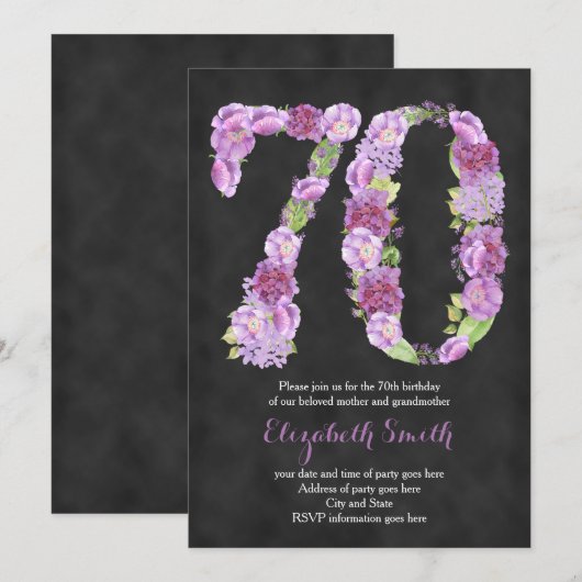 paarse 70e verjaardag Uitnodigingen voor dame (Voorkant / Achterkant)