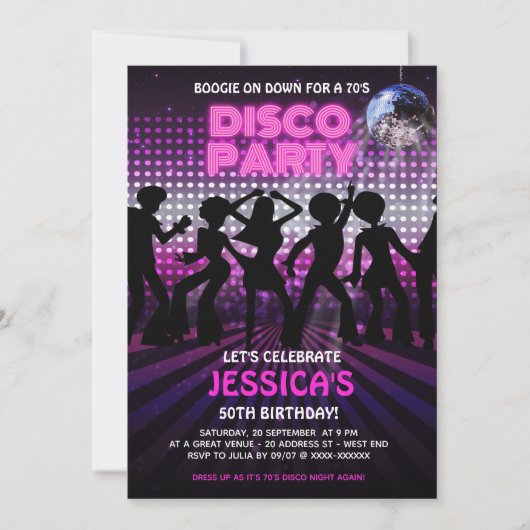 Paarse 70s Disco Dansparty Kaart (Voorkant)