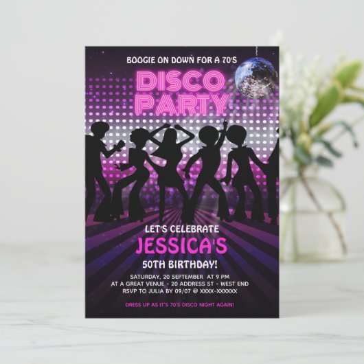 Paarse 70s Disco Dansparty Kaart (Staand voorkant)