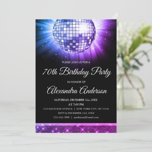 Paarse 70ste verjaardagsfeestje 70's Disco Ball Kaart (Staand voorkant)