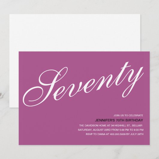 Paarse 70ste verjaardagsuitnodigingen kaart (Voorkant / Achterkant)