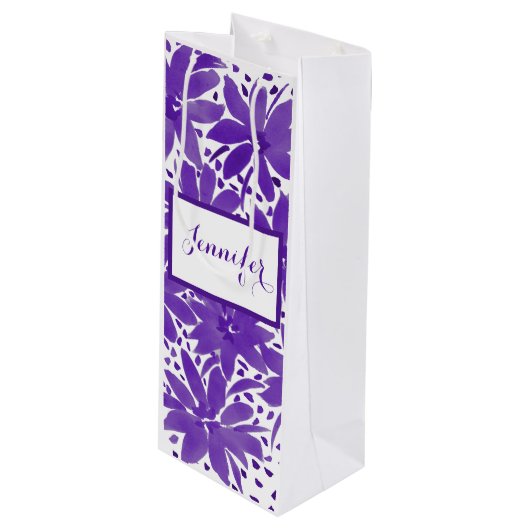 Paarse aangepaste Floral Gift Bag Wijn Cadeautas (Voorkant Gekanteld)