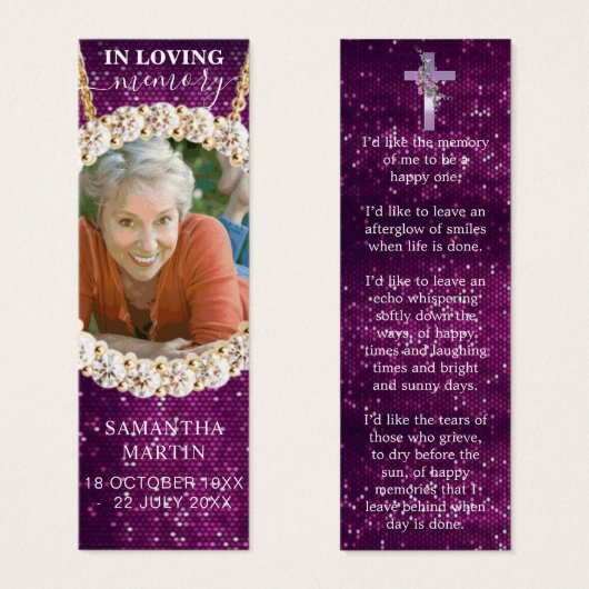 Paarse aangepaste foto Memorial Poem Funeral Bladw Mini Visitekaartjes (Voorkant /achterkant)