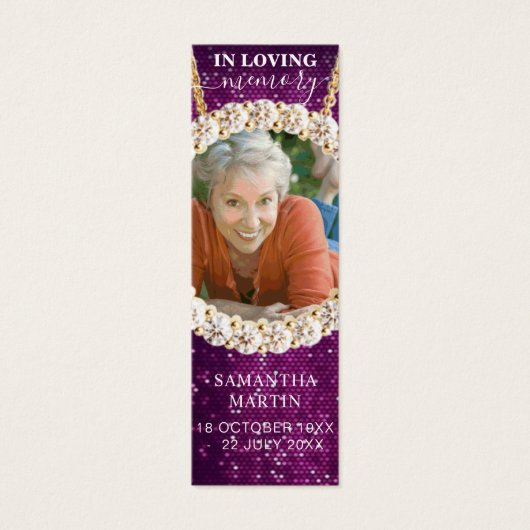 Paarse aangepaste foto Memorial Poem Funeral Bladw Mini Visitekaartjes (Voorkant)