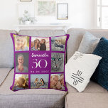 Paarse aangepaste fotocollage verjaardag kussen<br><div class="desc">Een uniek cadeau voor een 21e verjaardag,  het vieren van haar leven met een collage van 8 van uw eigen foto's,  afbeeldingen. Personaliseer en voeg haar naam,  leeftijd en datum toe. Een diepe paarse achtergrondkleur,  witte tekst. De naam is geschreven met een modern handschrift.</div>