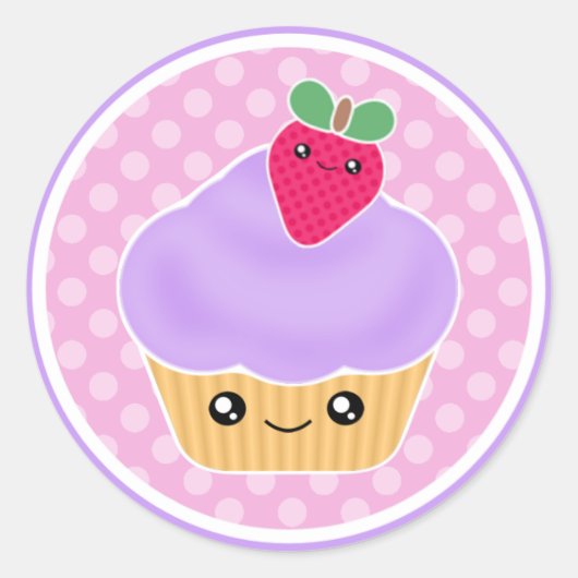 Paarse Aardbei Kawaii Cupcake Stickers (Voorkant)
