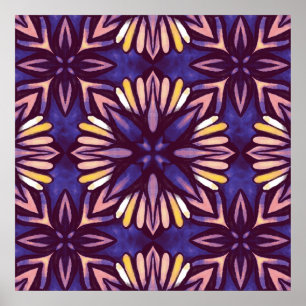 Paarse Abstracte Floral Pattern Yellow Indigo Boho Poster