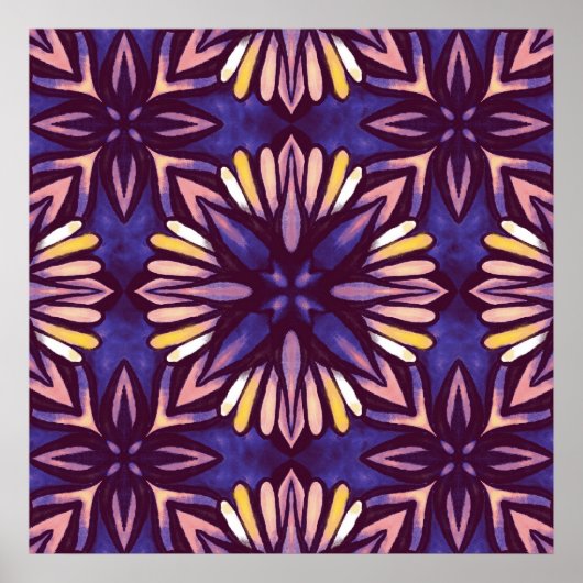 Paarse Abstracte Floral Pattern Yellow Indigo Boho Poster (Voorkant)
