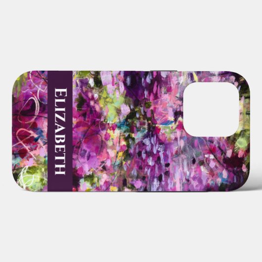 Paarse Abstracte Floral w / naam iPhone Case (Achterkant (horizontaal))
