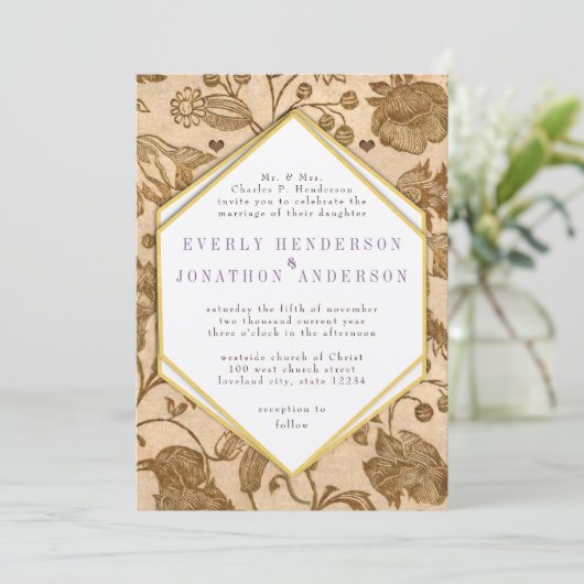  Paarse accenten liefde vogel patroon bruiloft Kaart (Staand voorkant)