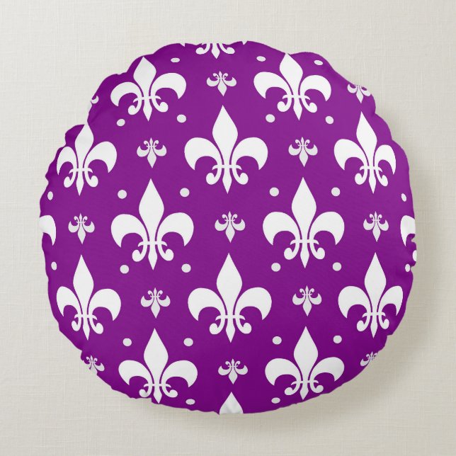 Paarse achtergrond Fleur-de-lis Patroonontwerp Rond Kussen (Voorkant)