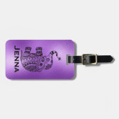 Paarse achtergrond & leuke tribal bloemenolifant bagagelabel (Voorkant horizontaal)