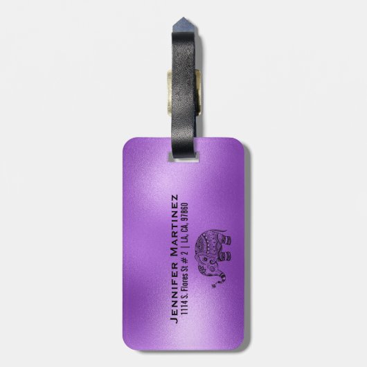 Paarse achtergrond & leuke tribal bloemenolifant bagagelabel (Achterkant verticaal)